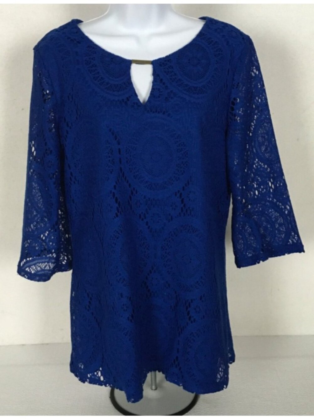 Tacera Top Size M Navy Blue Lined Lace Round Key Hole Neck 3/4 Sleeve Blouse